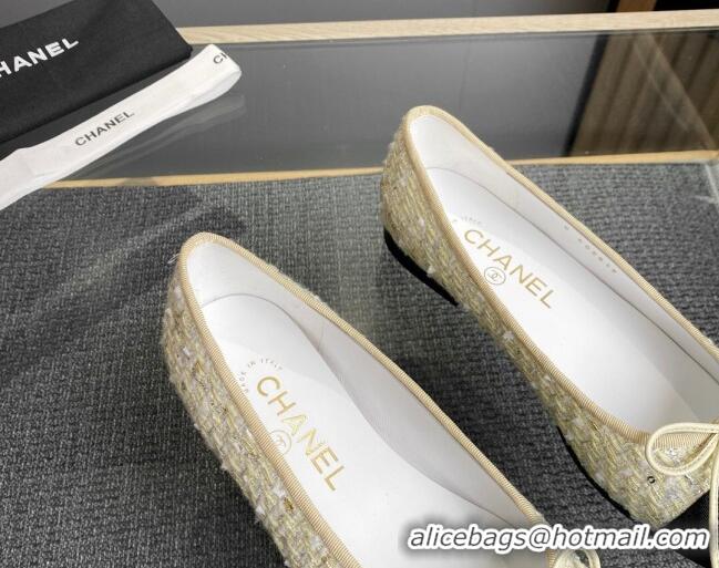 Luxurious Chanel Tweed & Grosgrain Classic Ballet Flat Light Yellow 014057