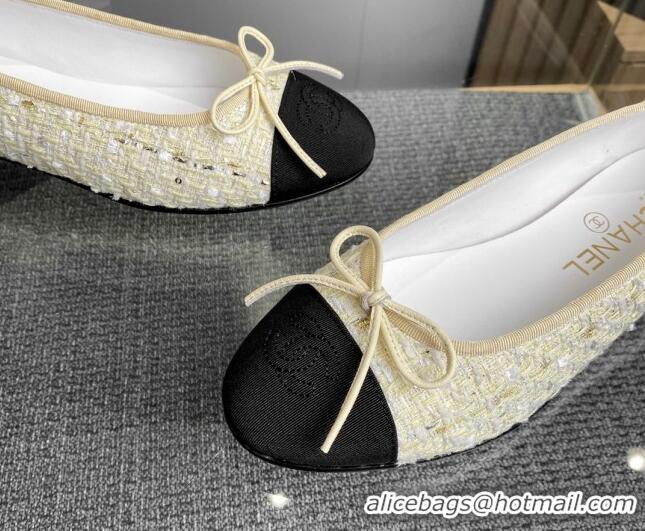 Luxurious Chanel Tweed & Grosgrain Classic Ballet Flat Light Yellow 014057