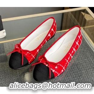 Good Looking Chanel Tweed & Grosgrain Classic Ballet Flat Red 014058