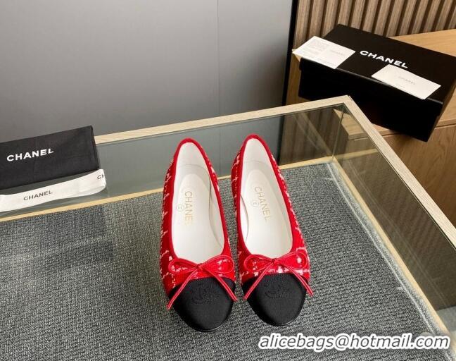 Good Looking Chanel Tweed & Grosgrain Classic Ballet Flat Red 014058