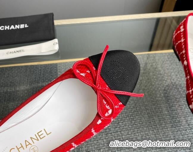 Good Looking Chanel Tweed & Grosgrain Classic Ballet Flat Red 014058