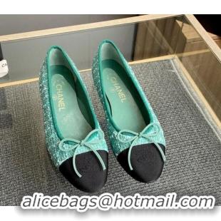 Best Price Chanel Tweed & Grosgrain Classic Ballet Flat Light Green 014059