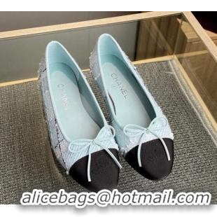 Fashion Luxury Chanel Tweed & Grosgrain Classic Ballet Flat Light Blue 014060