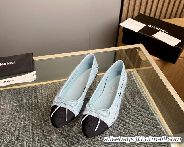 Fashion Luxury Chanel Tweed & Grosgrain Classic Ballet Flat Light Blue 014060