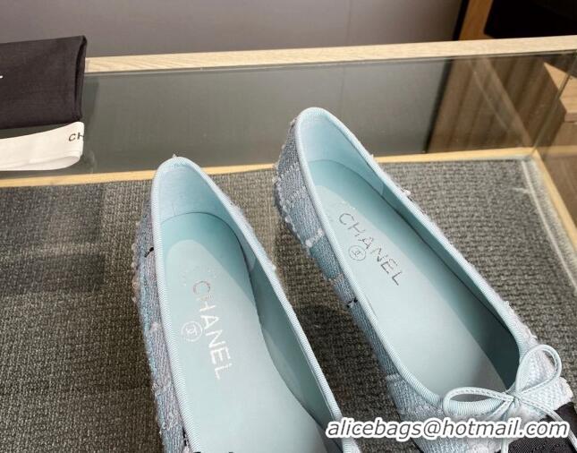 Fashion Luxury Chanel Tweed & Grosgrain Classic Ballet Flat Light Blue 014060