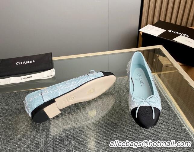 Fashion Luxury Chanel Tweed & Grosgrain Classic Ballet Flat Light Blue 014060