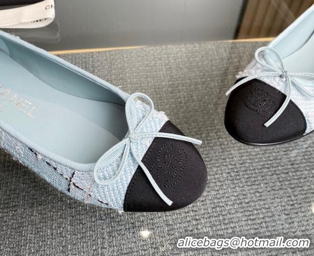 Fashion Luxury Chanel Tweed & Grosgrain Classic Ballet Flat Light Blue 014060