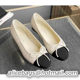 Fashion Chanel Tweed & Grosgrain Classic Ballet Flat White 014061