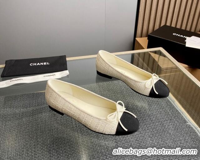 Fashion Chanel Tweed & Grosgrain Classic Ballet Flat White 014061