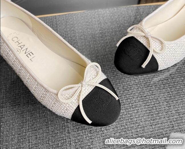 Fashion Chanel Tweed & Grosgrain Classic Ballet Flat White 014061