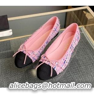 Duplicate Chanel Tweed & Grosgrain Classic Ballet Flat Pink/Blue 1014062