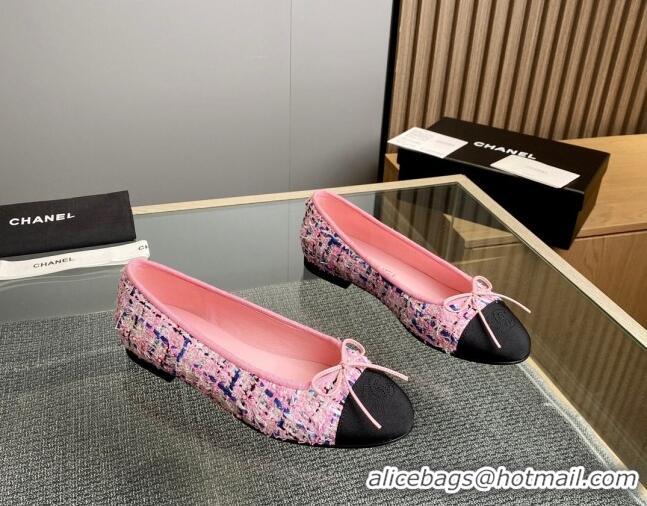 Duplicate Chanel Tweed & Grosgrain Classic Ballet Flat Pink/Blue 1014062