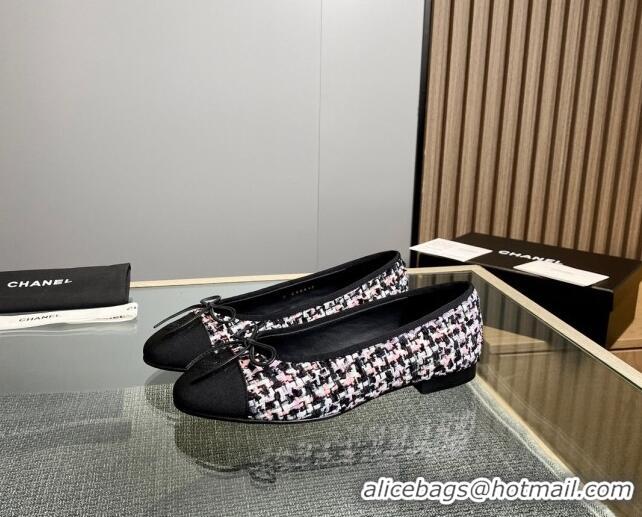 Pretty Style Chanel Tweed & Grosgrain Classic Ballet Flat Black/Pink/White 1014063