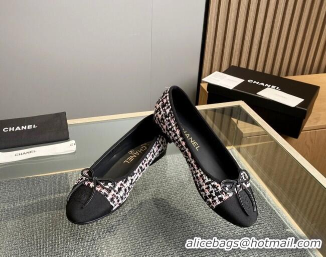 Pretty Style Chanel Tweed & Grosgrain Classic Ballet Flat Black/Pink/White 1014063