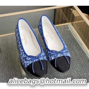 Unique Style Chanel Tweed & Grosgrain Classic Ballet Flat Blue 014065