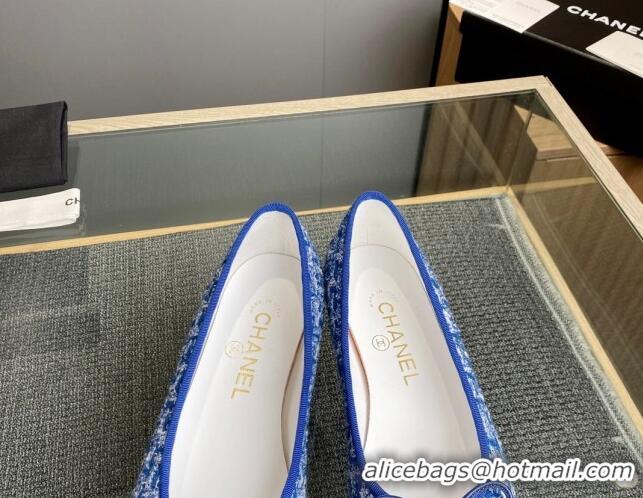 Unique Style Chanel Tweed & Grosgrain Classic Ballet Flat Blue 014065