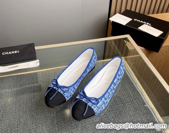 Unique Style Chanel Tweed & Grosgrain Classic Ballet Flat Blue 014065