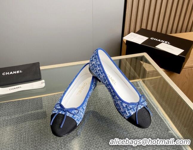 Unique Style Chanel Tweed & Grosgrain Classic Ballet Flat Blue 014065