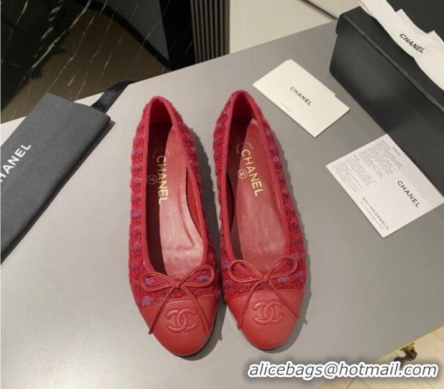 Durable Chanel Tweed & Leather Classic Ballet Flat Red 014082 