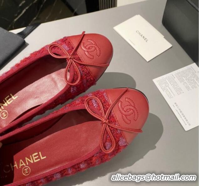 Durable Chanel Tweed & Leather Classic Ballet Flat Red 014082 