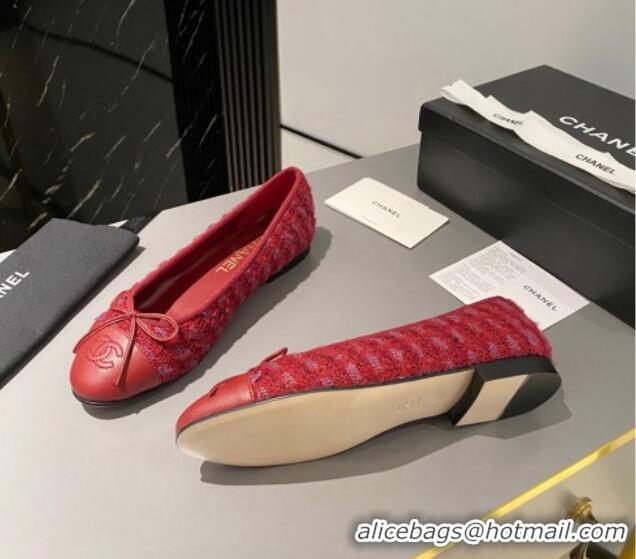 Durable Chanel Tweed & Leather Classic Ballet Flat Red 014082 