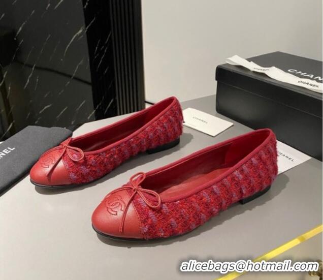 Durable Chanel Tweed & Leather Classic Ballet Flat Red 014082 