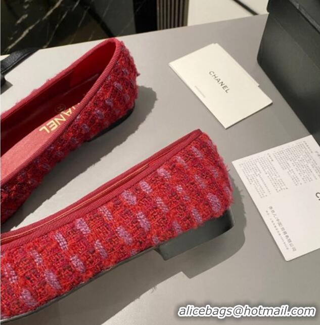 Durable Chanel Tweed & Leather Classic Ballet Flat Red 014082 