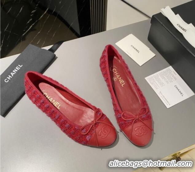 Durable Chanel Tweed & Leather Classic Ballet Flat Red 014082 