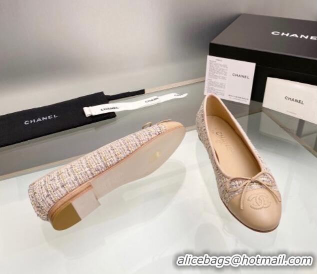 Top Quality Chanel Tweed & Leather Classic Ballet Flat Nude 014075