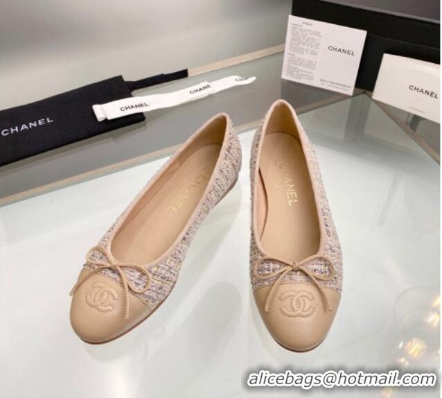 Top Quality Chanel Tweed & Leather Classic Ballet Flat Nude 014075