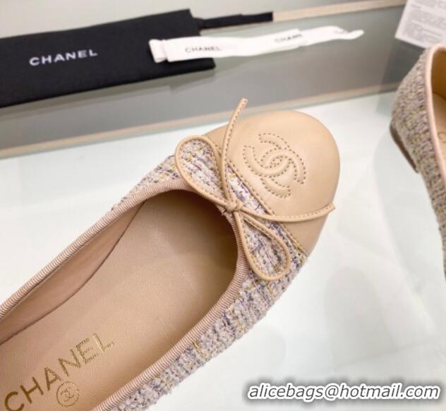 Top Quality Chanel Tweed & Leather Classic Ballet Flat Nude 014075