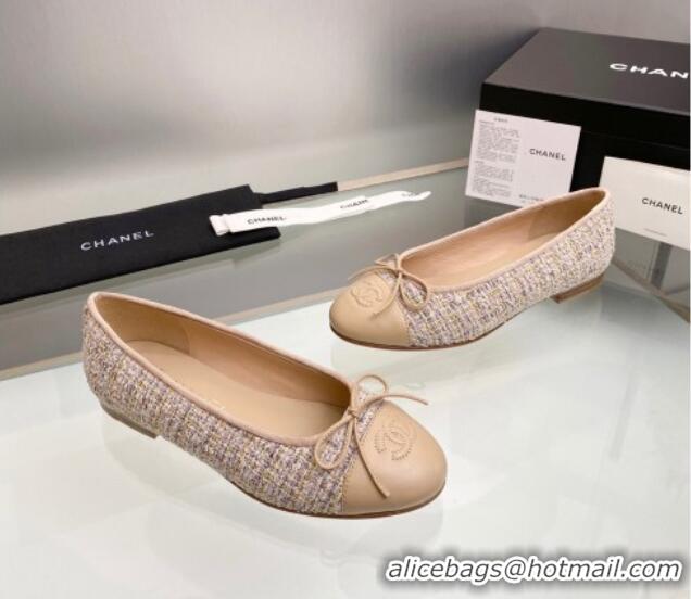 Top Quality Chanel Tweed & Leather Classic Ballet Flat Nude 014075