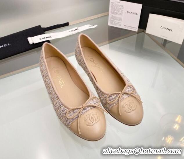 Top Quality Chanel Tweed & Leather Classic Ballet Flat Nude 014075