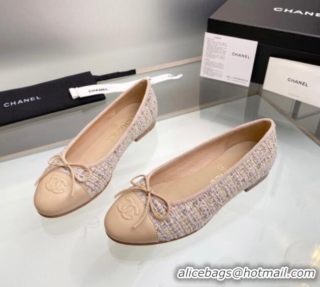 Top Quality Chanel Tweed & Leather Classic Ballet Flat Nude 014075