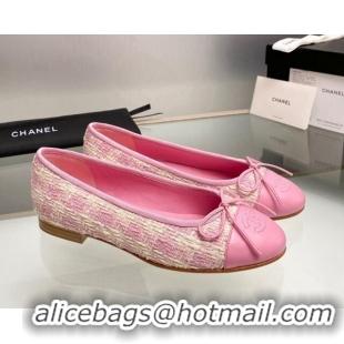 Most Popular Chanel Tweed & Leather Classic Ballet Flat Pink 014077