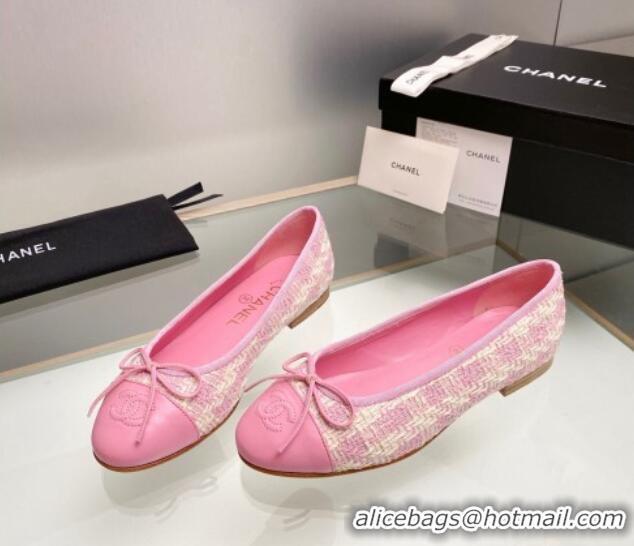 Most Popular Chanel Tweed & Leather Classic Ballet Flat Pink 014077