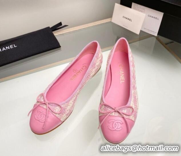 Most Popular Chanel Tweed & Leather Classic Ballet Flat Pink 014077