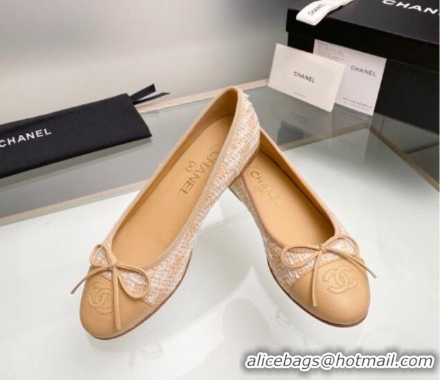 Buy Discount Chanel Tweed & Leather Classic Ballet Flat Beige 014078