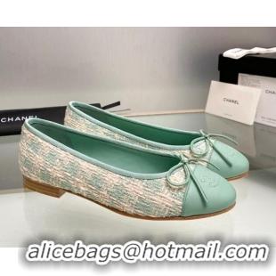 Best Product Chanel Tweed & Leather Classic Ballet Flat Light Green 014079