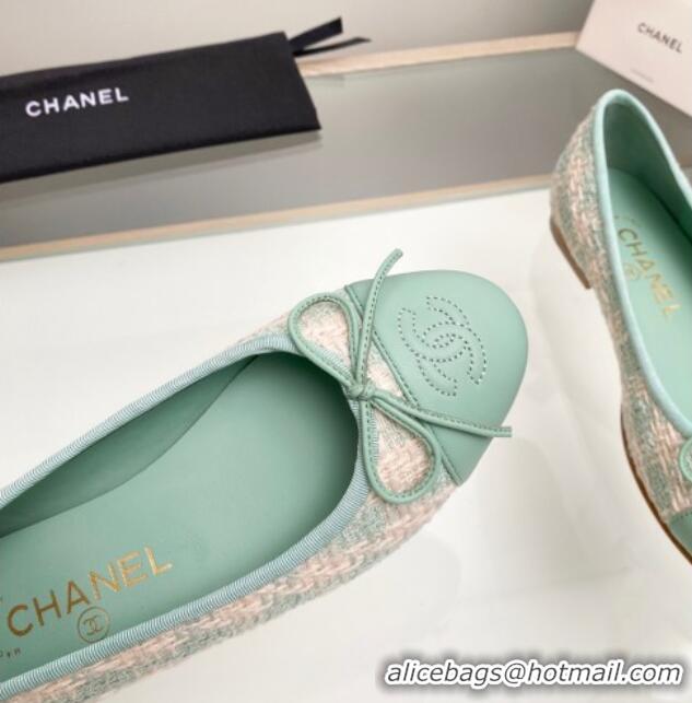 Best Product Chanel Tweed & Leather Classic Ballet Flat Light Green 014079