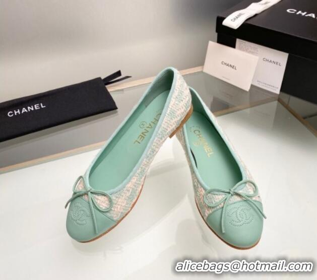 Best Product Chanel Tweed & Leather Classic Ballet Flat Light Green 014079