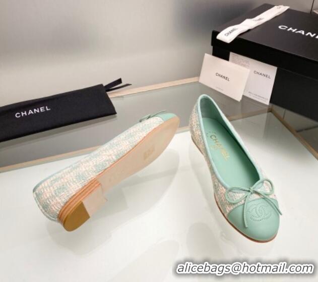 Best Product Chanel Tweed & Leather Classic Ballet Flat Light Green 014079