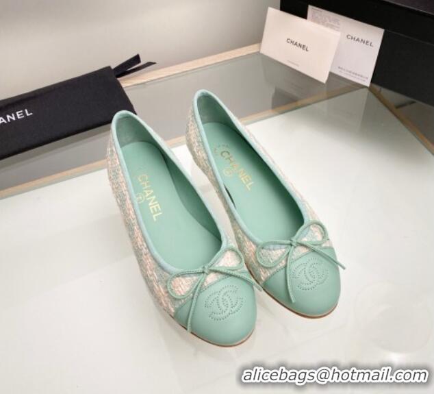 Best Product Chanel Tweed & Leather Classic Ballet Flat Light Green 014079