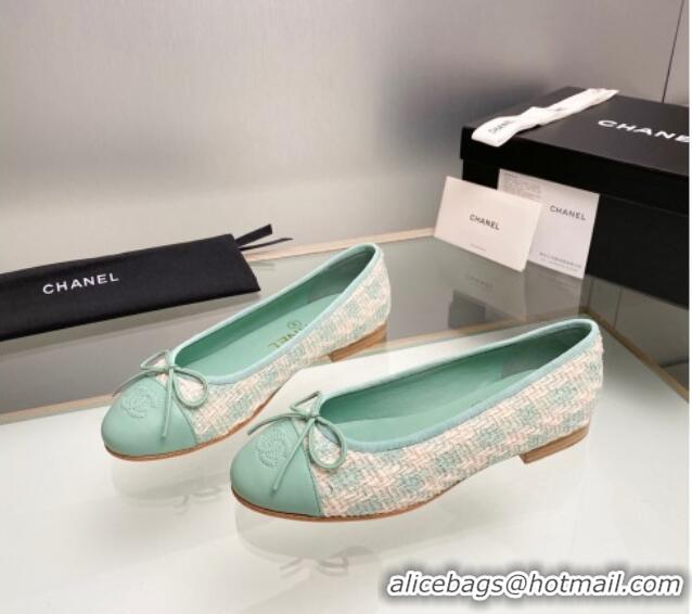 Best Product Chanel Tweed & Leather Classic Ballet Flat Light Green 014079