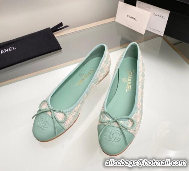 Best Product Chanel Tweed & Leather Classic Ballet Flat Light Green 014079