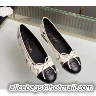 Shop Duplicate Chanel CC Printed Leather Classic Ballet Flat White 014080