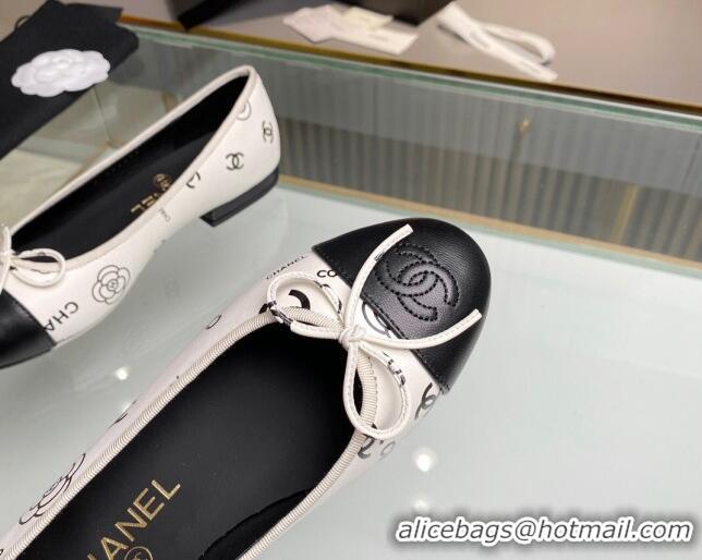 Shop Duplicate Chanel CC Printed Leather Classic Ballet Flat White 014080