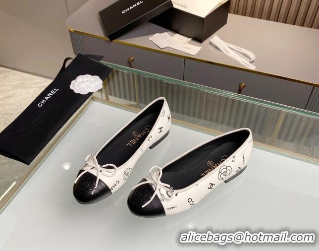 Shop Duplicate Chanel CC Printed Leather Classic Ballet Flat White 014080