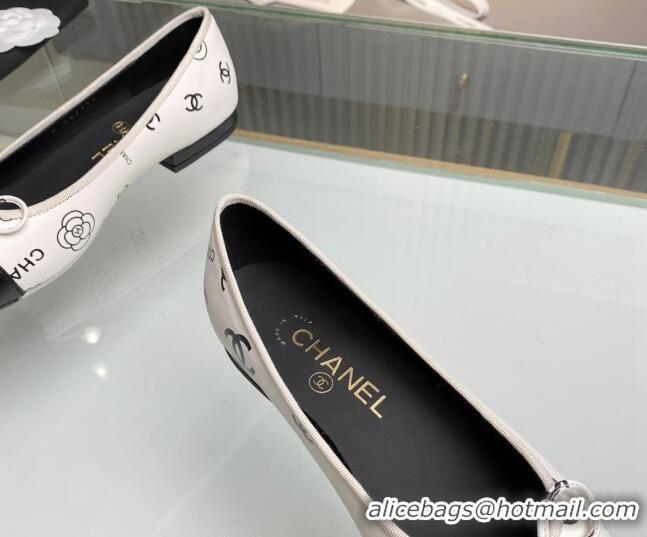 Shop Duplicate Chanel CC Printed Leather Classic Ballet Flat White 014080