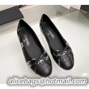 Low Cost Chanel CC Printed Leather Classic Ballet Flat Black 014081